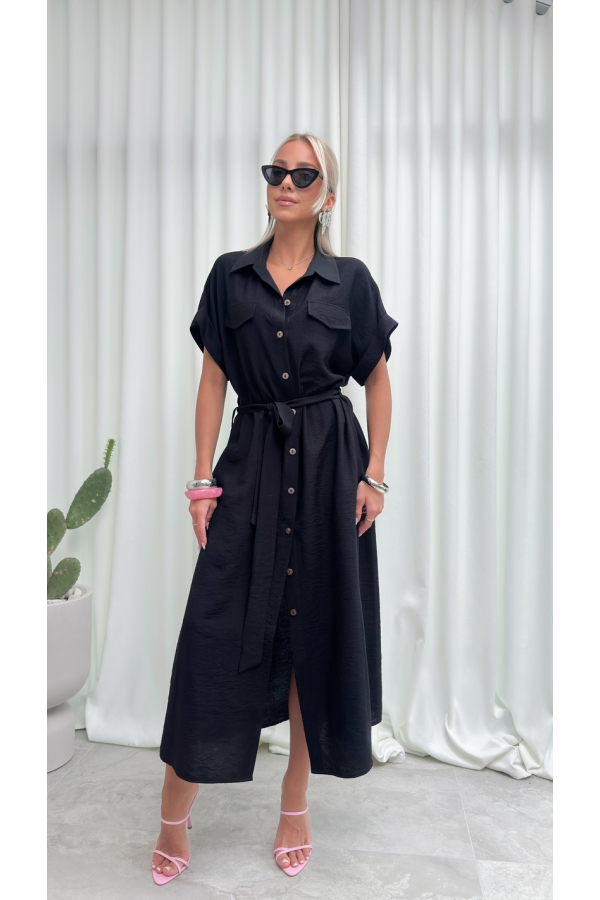 Sukienka Koszulowa Maxi Premium Wiązana w Pasie Elegancka Oversize Guziki Kieszenie - czarny